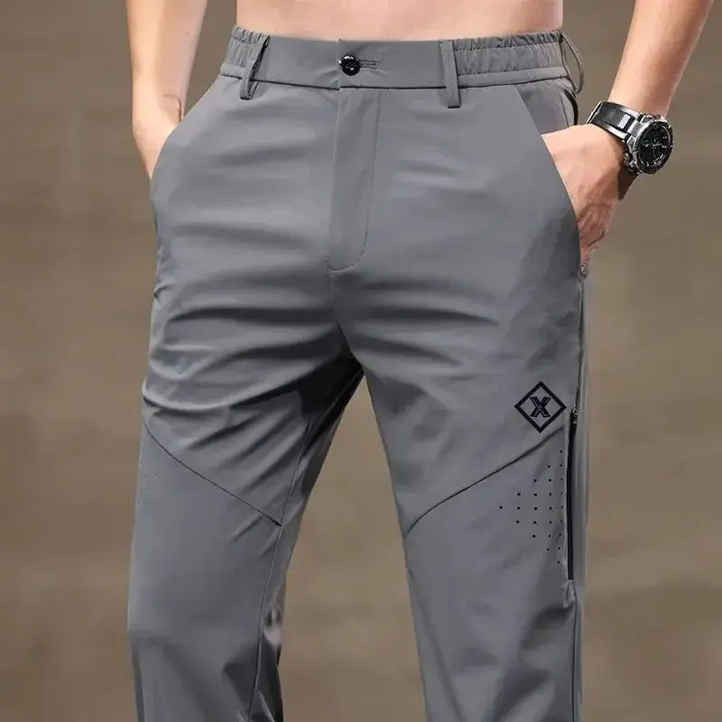 Celana Kasual Tipis Sutra Es untuk Pria Celana Bisnis Mewah Kaki Lurus Longgar, Celana Pria Musim Panas Modis