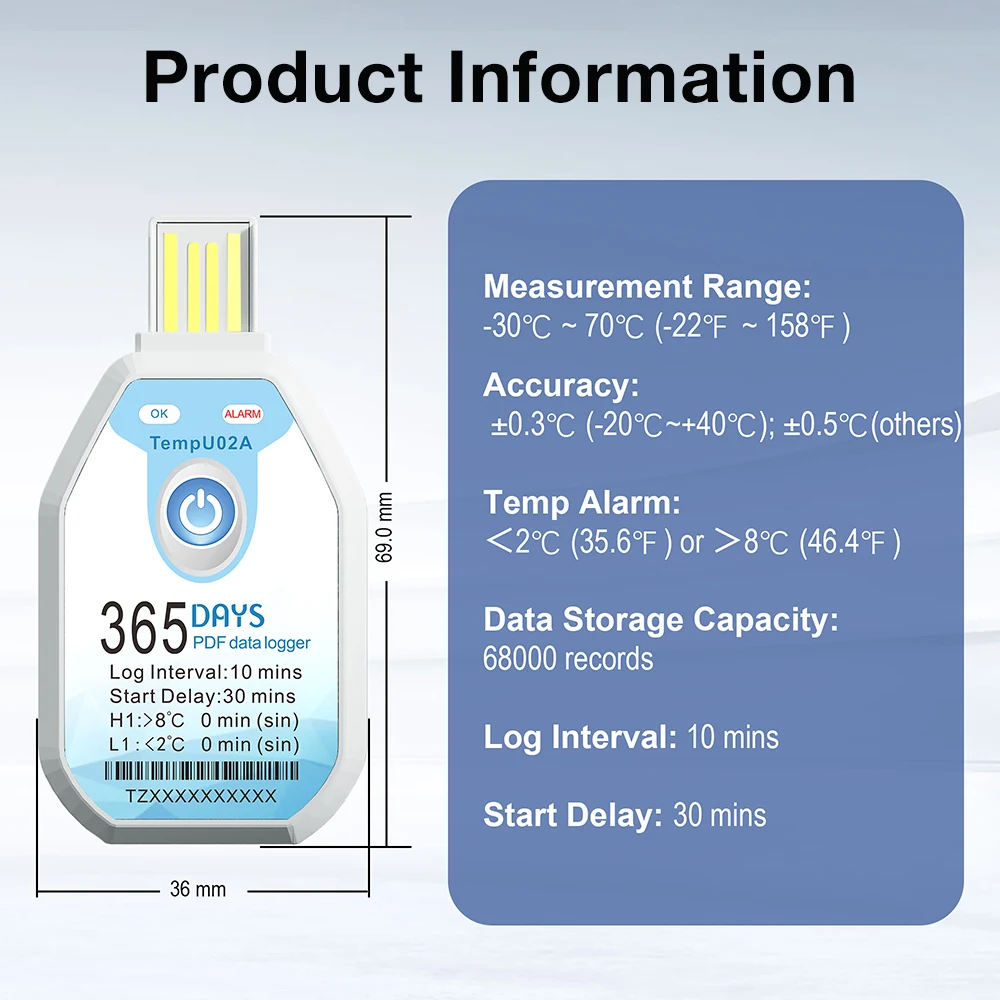 2026 365 Days TempU02A USB Temperature Data Logger Temperature Sensor Single Use PDF Report Recorder Drop Shipping