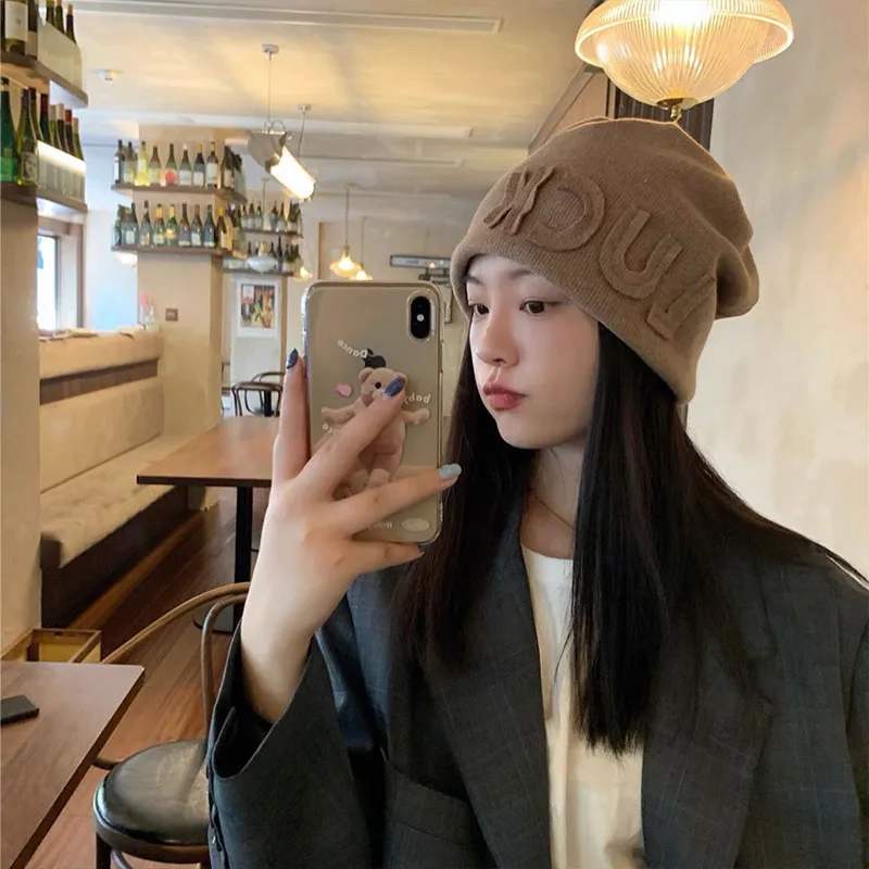 RICYGVM Loose Baggy Slouchy Beanie For Women Autumn Winter Warm Woolen Knitted Hat Luck Letter Skullies Cap Big Head Bonnet kpop