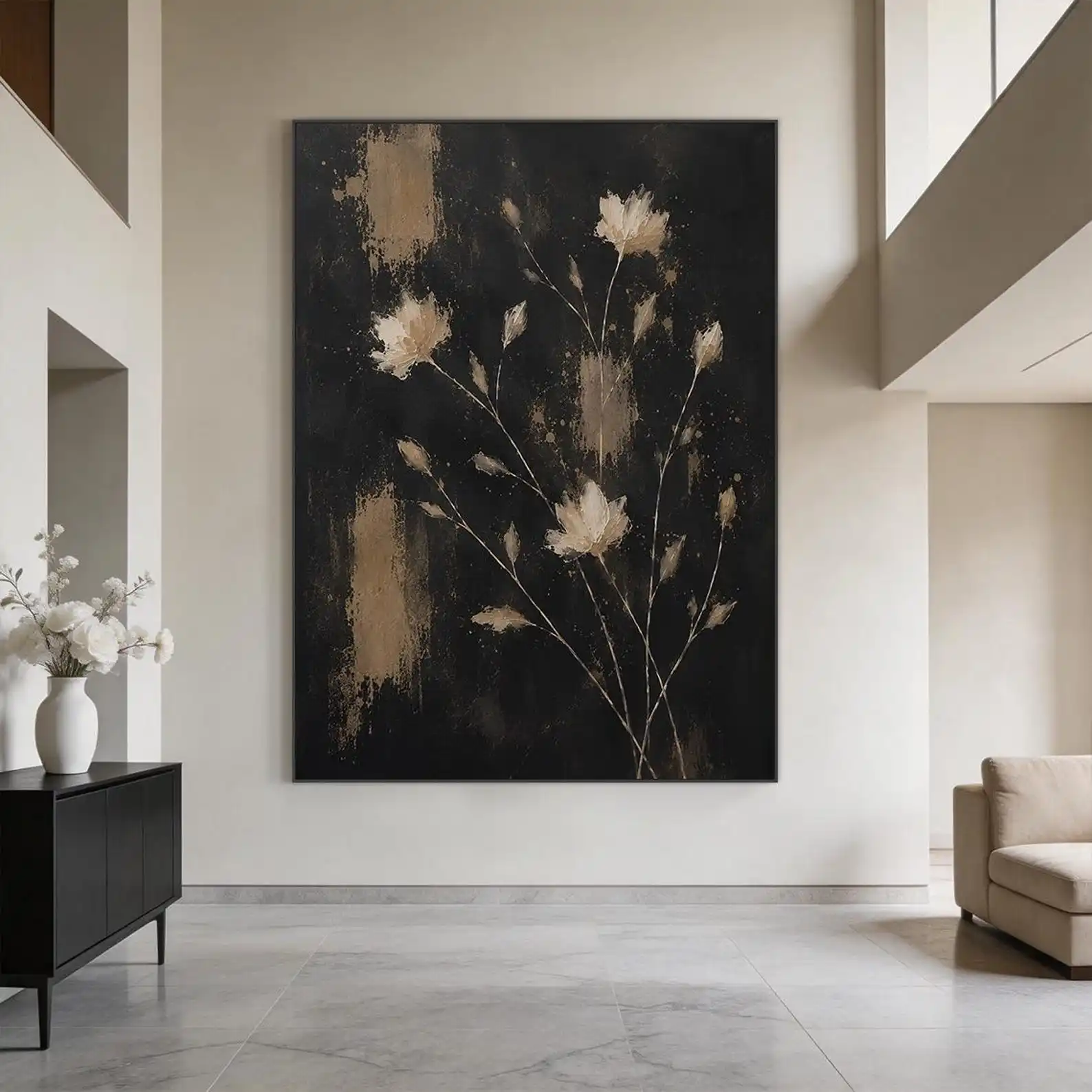 Mhemyo Large Black Floral Abstract Hand Painted Oil Painting Beige Botanical Canvas Wall Art Modern Minimalist Living Room Decor