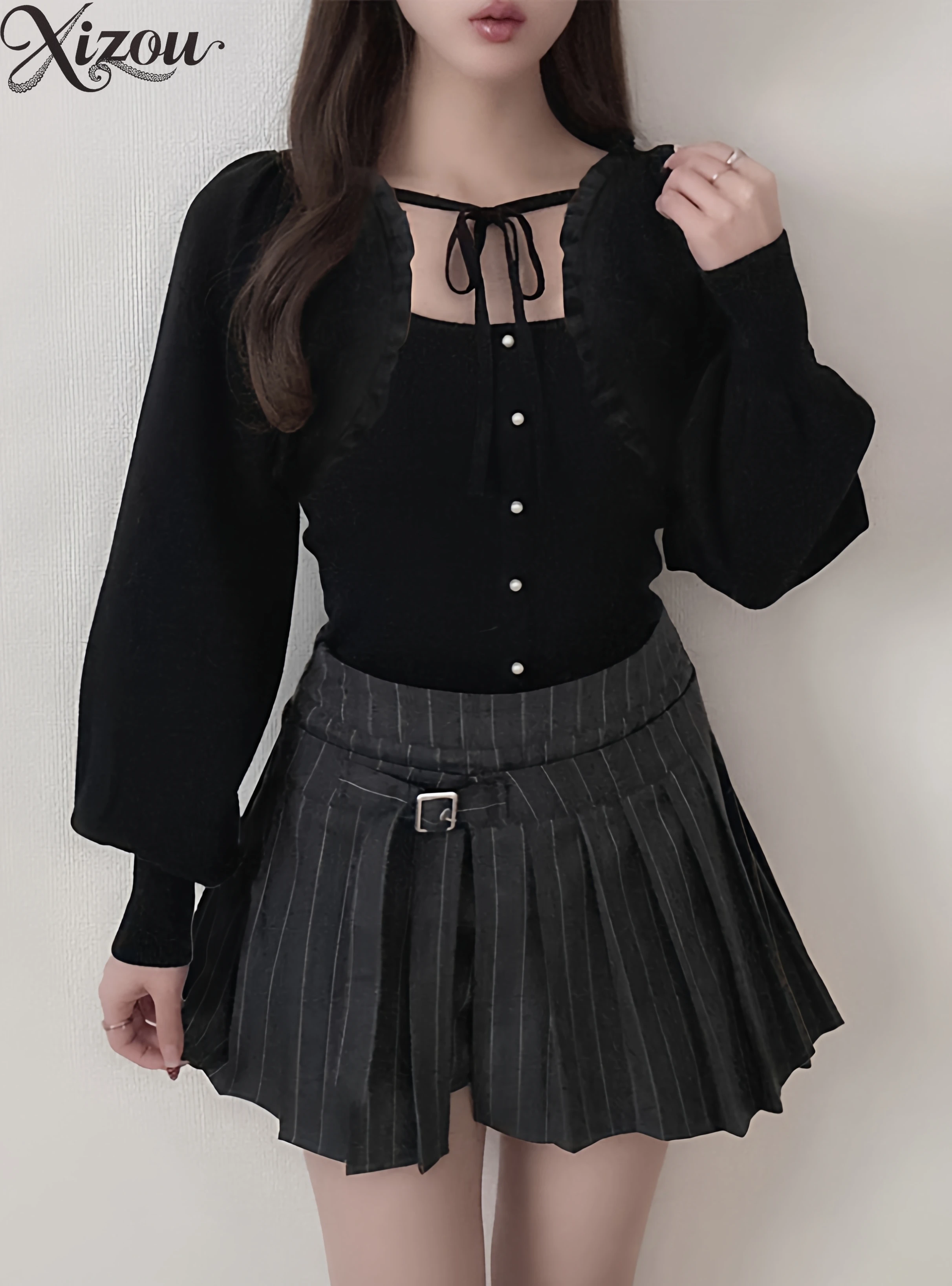 

Autumn New Japanese Style Sweet Versatile Ruffled Women's Short Knitted Cardigan + Double-Breasted Camisole Two-Piece Set