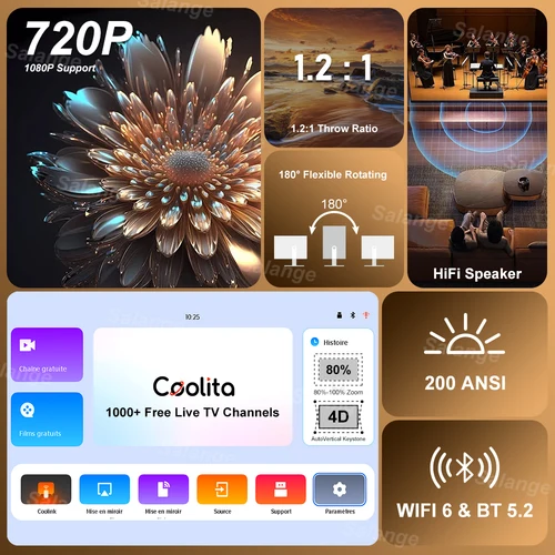 Imagen 2 del producto Salange X8Mini proyector inteligente con canales de TV libres de por vida WiFi6 BT5 compatible con proyector de vídeo 1080P Coolita OS cine en casa
