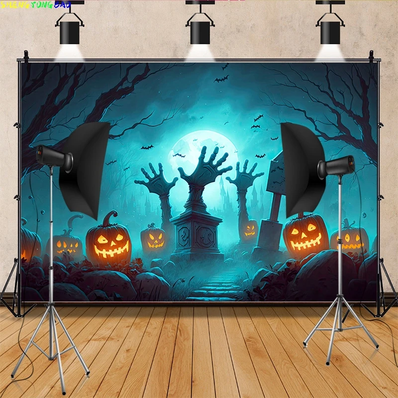 Halloween Backdrop Full Moon Scary House Night Castle Graveyard Forest Bats Pumpkin Lantern Spooky Photography Background  SJ-1