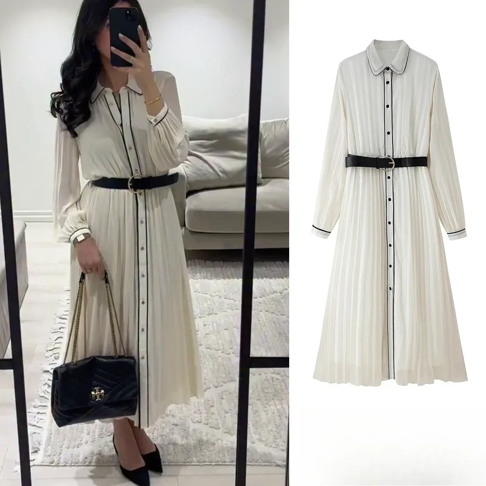 KONDALA-vestido camisero plisado elegante para mujer con cinturón vestido Midi nuevo 2025 primavera otoño moda fiesta fecha vestido largo para ir al trabajo
