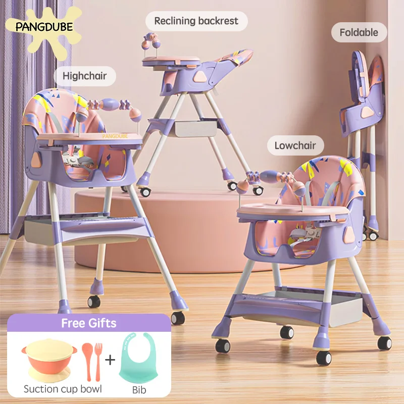 PANGDUBE Foldable Baby High Chair Reclining Baby Chair with Wheels, Bib, Bowl Baby Dining Chair 0 ~ 3 Year Old Baby Feeding Chair