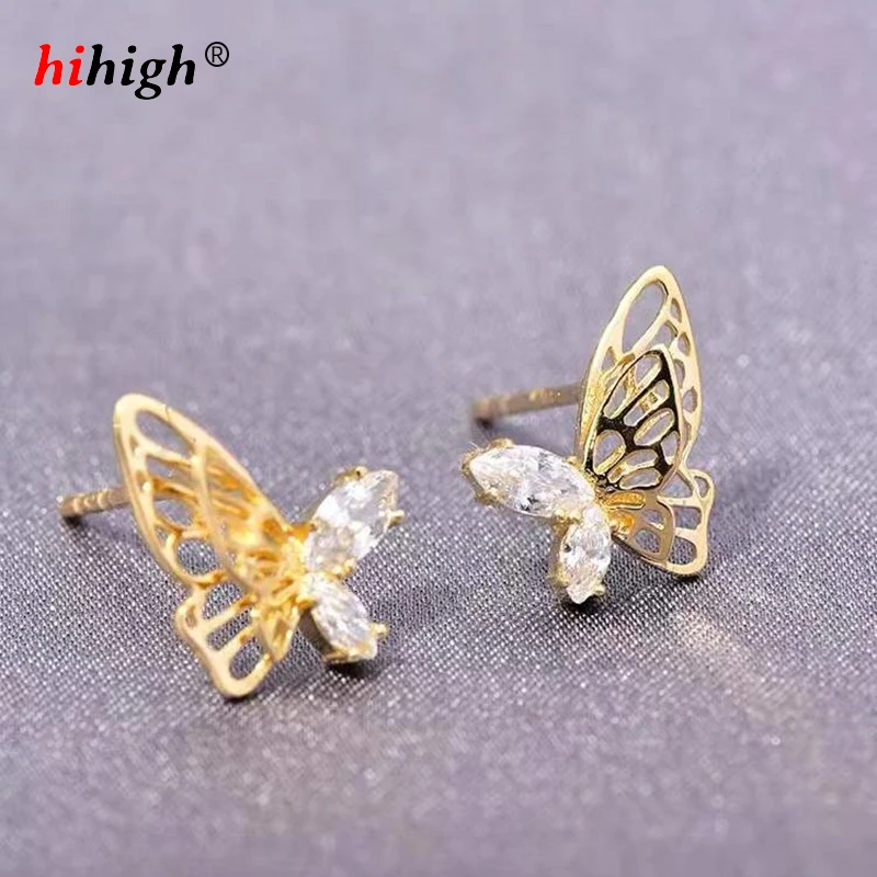 

3-Dimensional Double Layer Butterfly Stud Earrings Full Body S925 Sterling Silver Plated 14K Gold Hollow & Diamond-encrusted Fem