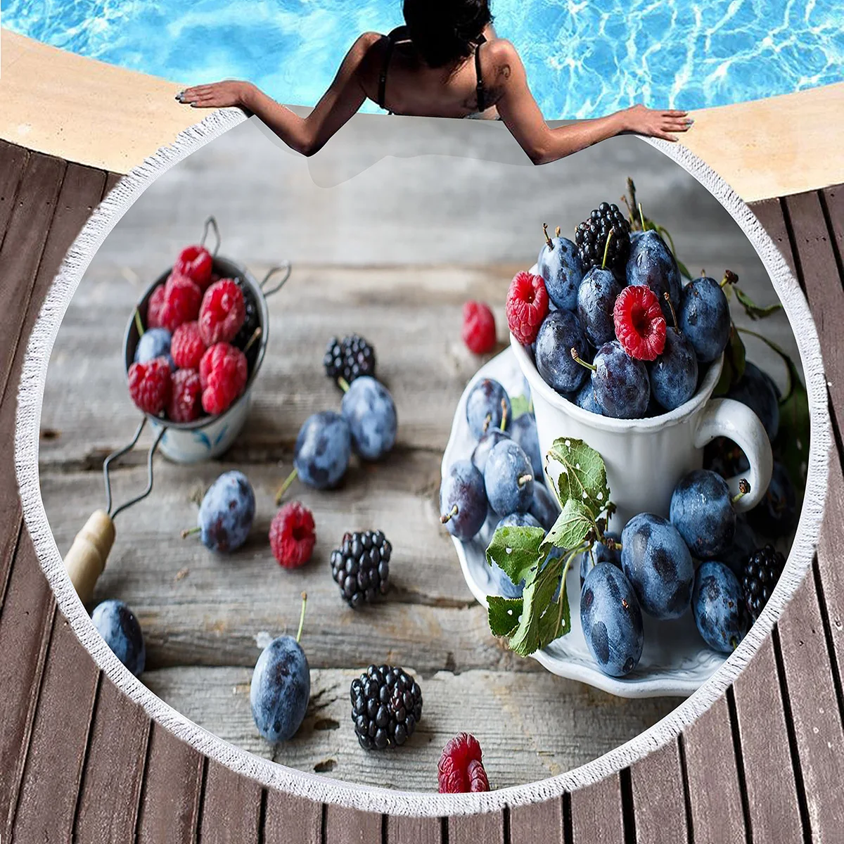 Fruit Pattern Round Beach Blanket,Fresh Blueberry Sand Resistant Beach Towel,Soft Absorbent Quick Dry Pool Towels Picnic Mat