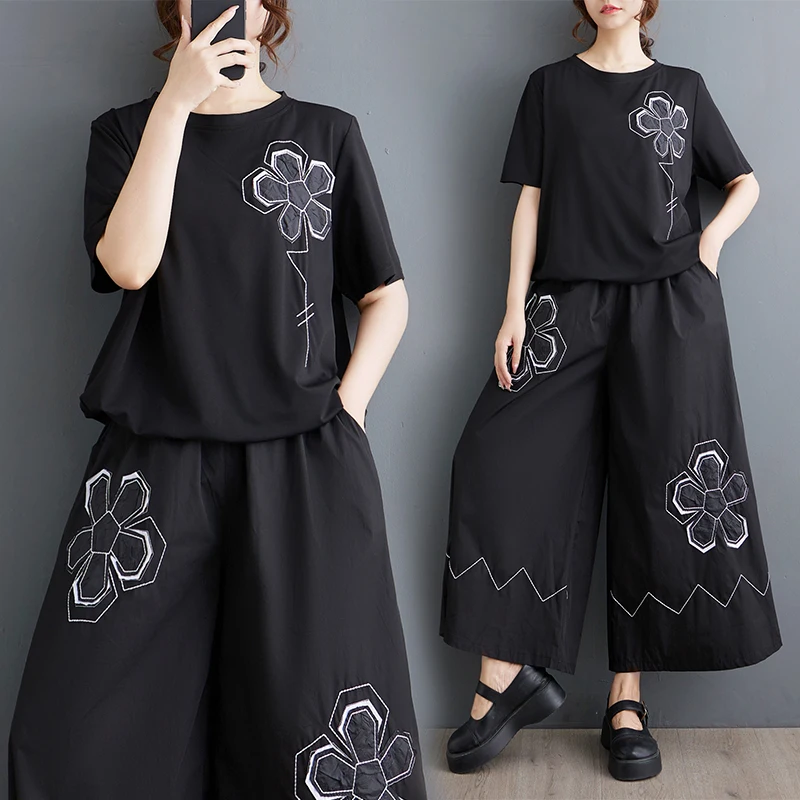 

Summer New Sle Casual Embroidered Floral Women's Set Dstring Hem Top Bot Two-Piece Ensemble Cotton Faionable