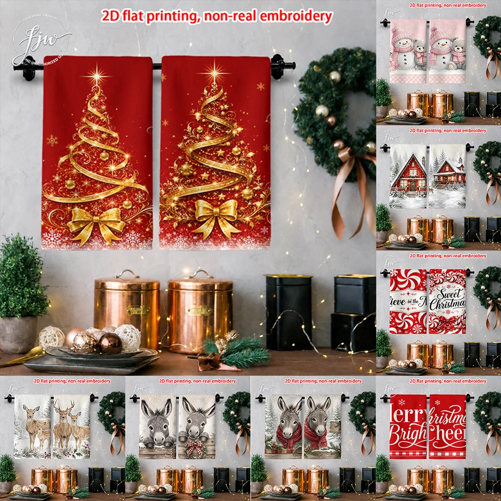 2pcs Christmas Kitchen Towels Set of 2 2D Flat Printed Xmas Theme Dish Towels for Holiday Home Decor