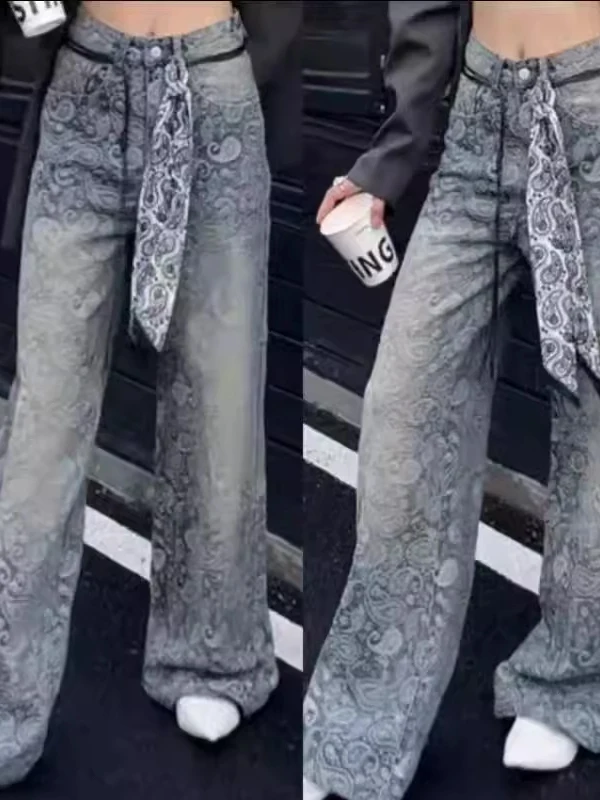 

Faionable Casual Floor-Length Embroidered Denim Pants Slimming Concealing Versatile ular High Waist Wide Leg Zipper Closure