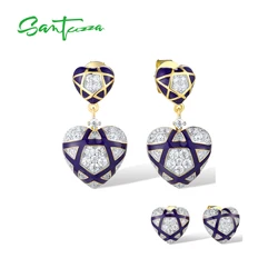 SANTUZZA Authentic 925 Sterling Silver Earrings For Women Sparkling White CZ Blue Enamel Cute Heart Exquisite Fine Jewelry Sets
