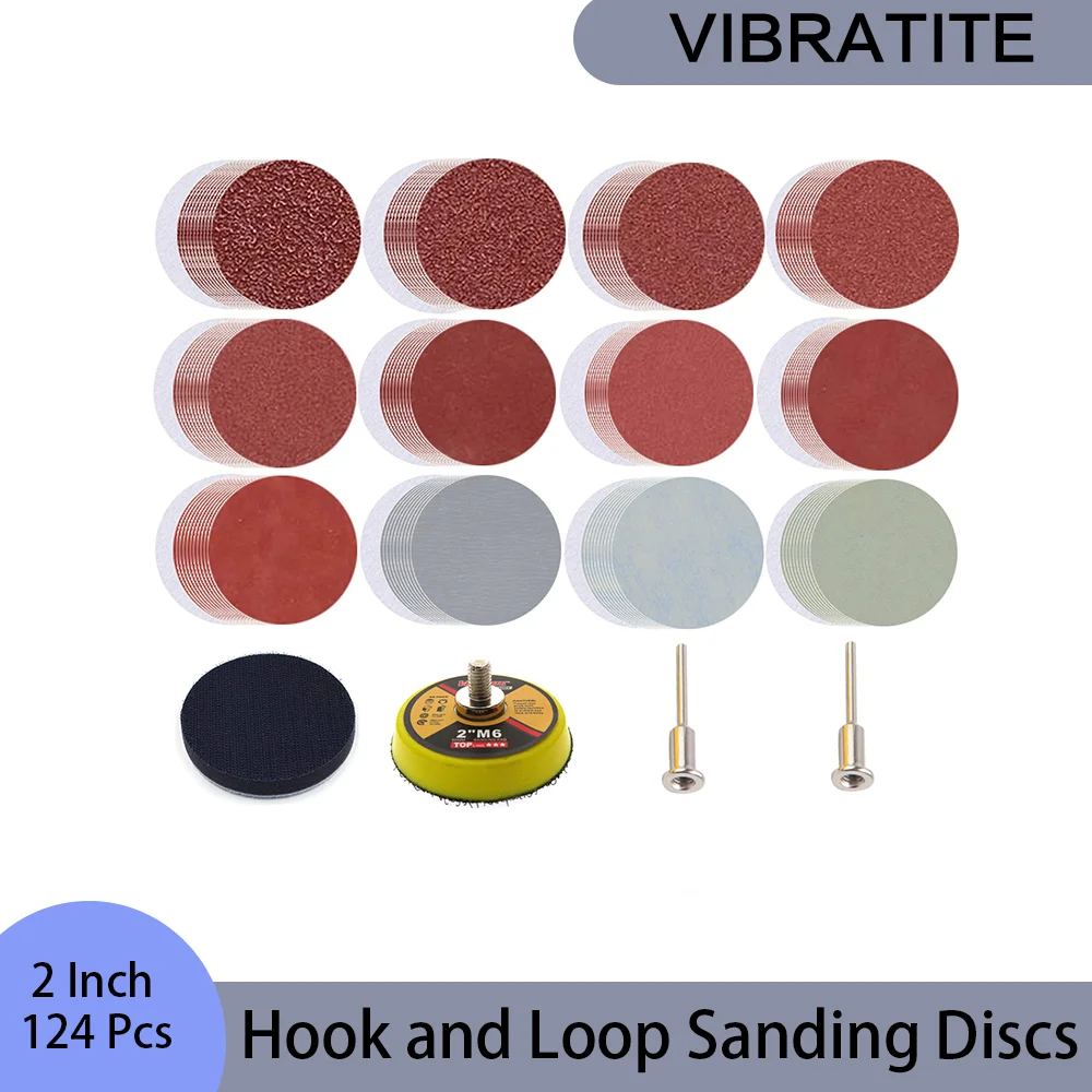 

2 Inch Hook and Loop Sanding Discs 124 Pcs with 1/8" Shank Backer Plate for Polishing Wood Stone Lacquer Surface Mirror Surface