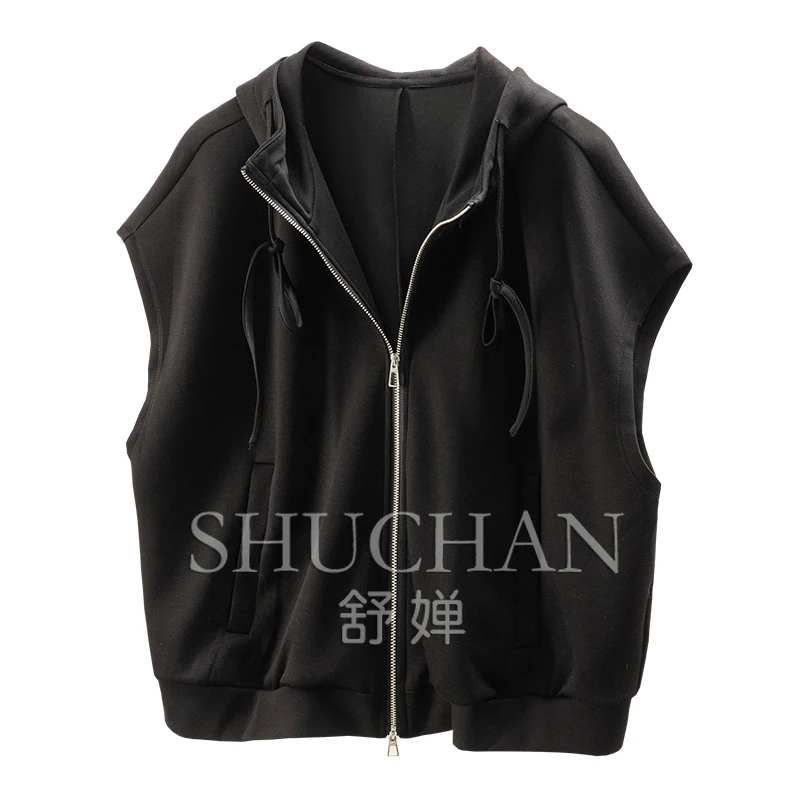 

Fashion Youth Sense, French Designer Soft Hooded Bag Sleeve Vest Short Jacket Women 2Y81 Casaco Feminino