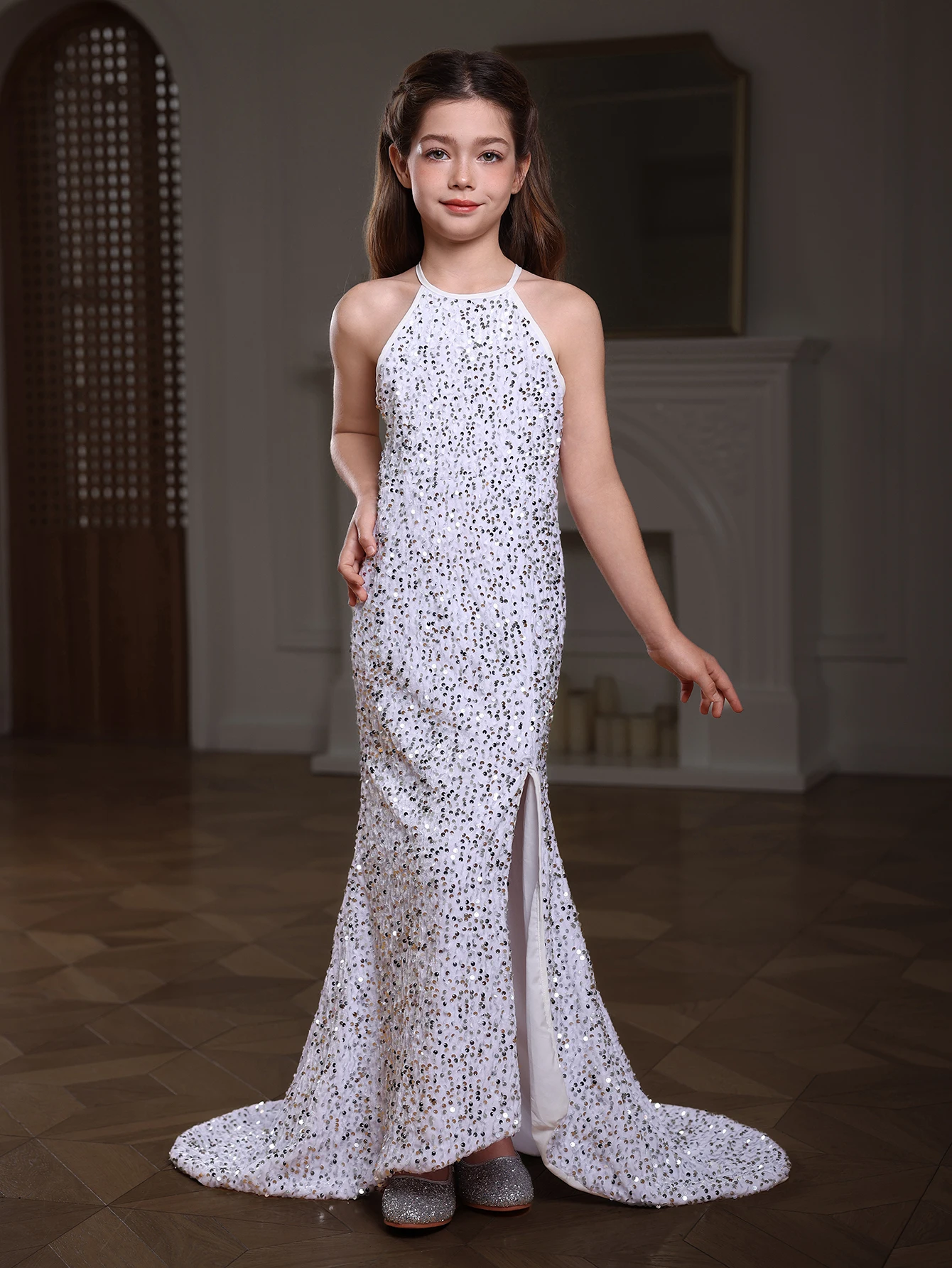 Gorgeous Sequined Fish Tail Dress For Girls, Halter Floor Length Gown Dress For Prom Wedding Evening Birthday Party