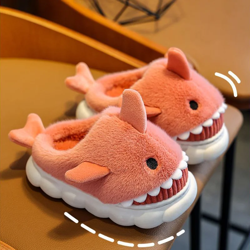 New Cute Cartoon Warm Shark Fluffy Slippers Baby Winter Indoor Cotton Shoes For Girls Home Children's Non-slip Mule For Kids Boy