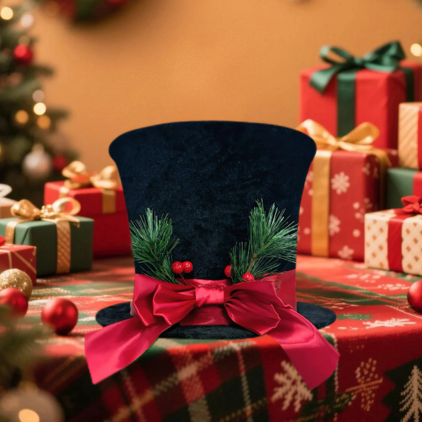 New Years Christmas Tree Topper Hat Xmas Tree Toppers Decorative Bow Top Hat Christmas Tree Decoration for Holiday Home Decor