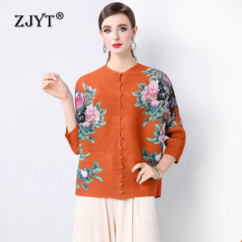 ZJYT Spring New 2025 Floral Print Pleated Loose Shirts & Blouses Women Elegant Camisas O Neck Vintage Casual Tops Female