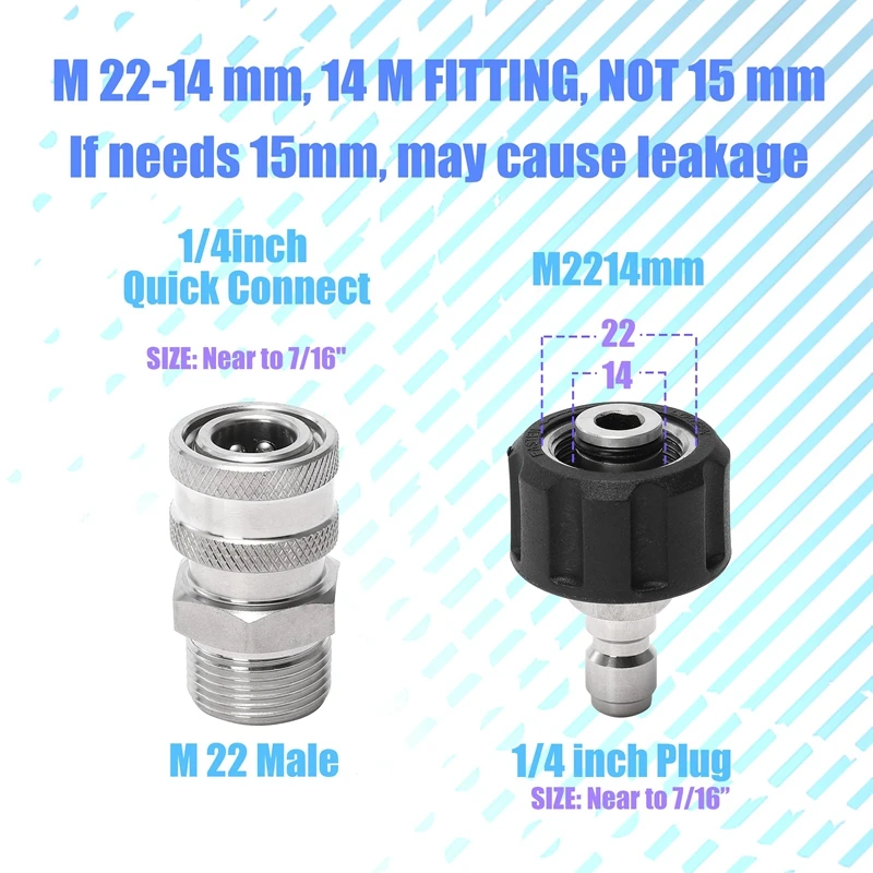 Pressure Washer Quick Connect Adapter Set M22 14mm/15mm to 1/4 Inch Hose Connectors Gun to Wand Quick Connect Disconnect kit