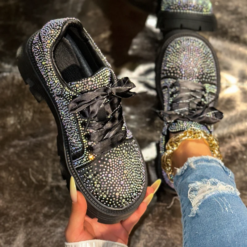 

Женская роскошная спортивная обувь, туфли со стразами, женские повседневные женские кроссовки на платформе и блочном каблуке больших размеров на шнуровке