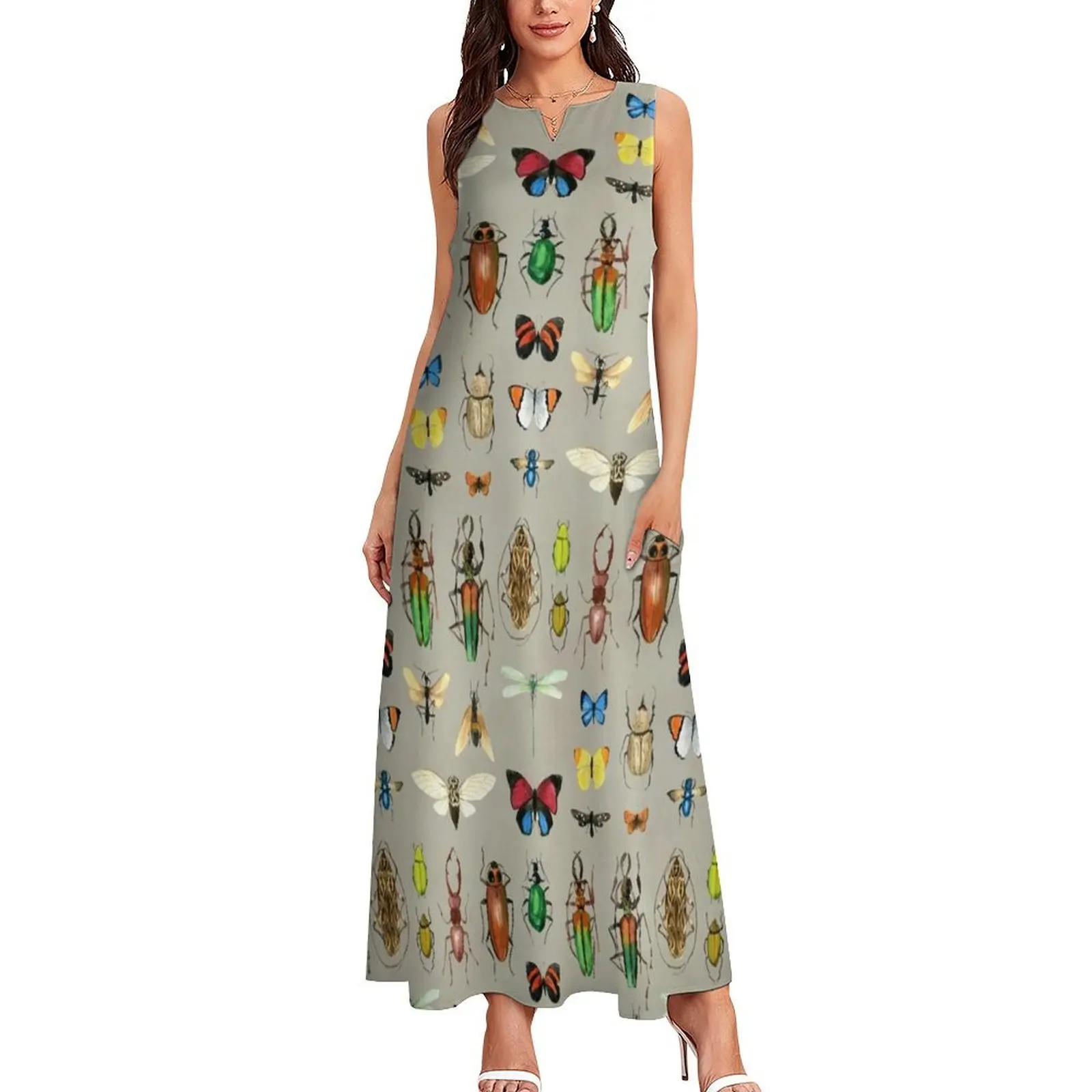 The Usual Suspects - Insects on grey - watercolour bugs pattern by Cecca Designs Long Dress summer outfits for women 2025 Dress