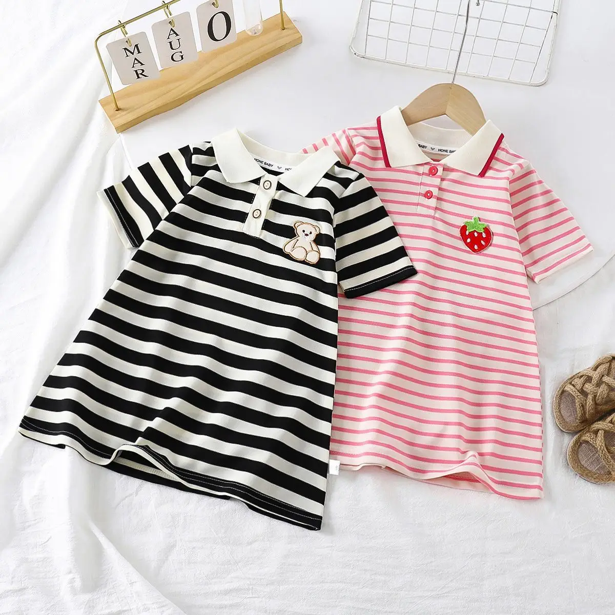 Kinder Kleider Sommer Kurzarm A-linie Rock Gestreiften College Stil Prinzessin Rock Mädchen Sommer Halbarm POLO Neck Rock
