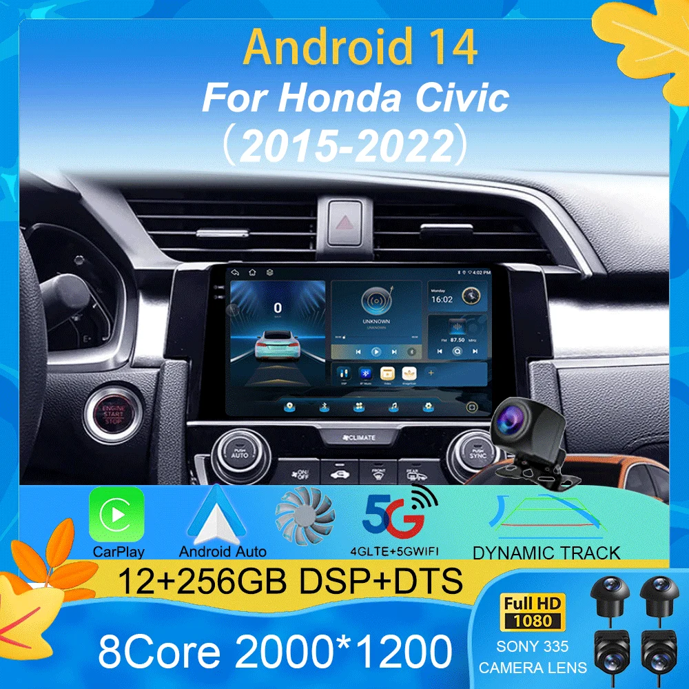 Car Radio 9 Inch Navigator For Honda Civic 2015-2022 Multimedia Video Player GPS Navigation Stereo CarPlay Android14 Bluetooth