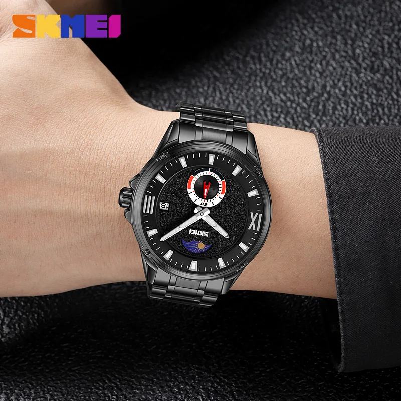 SKMEI นาฬิกาควอทซ์สแตนเลสสำหรับผู้ชาย, นาฬิกาข้อมือลำลองกันน้ำ