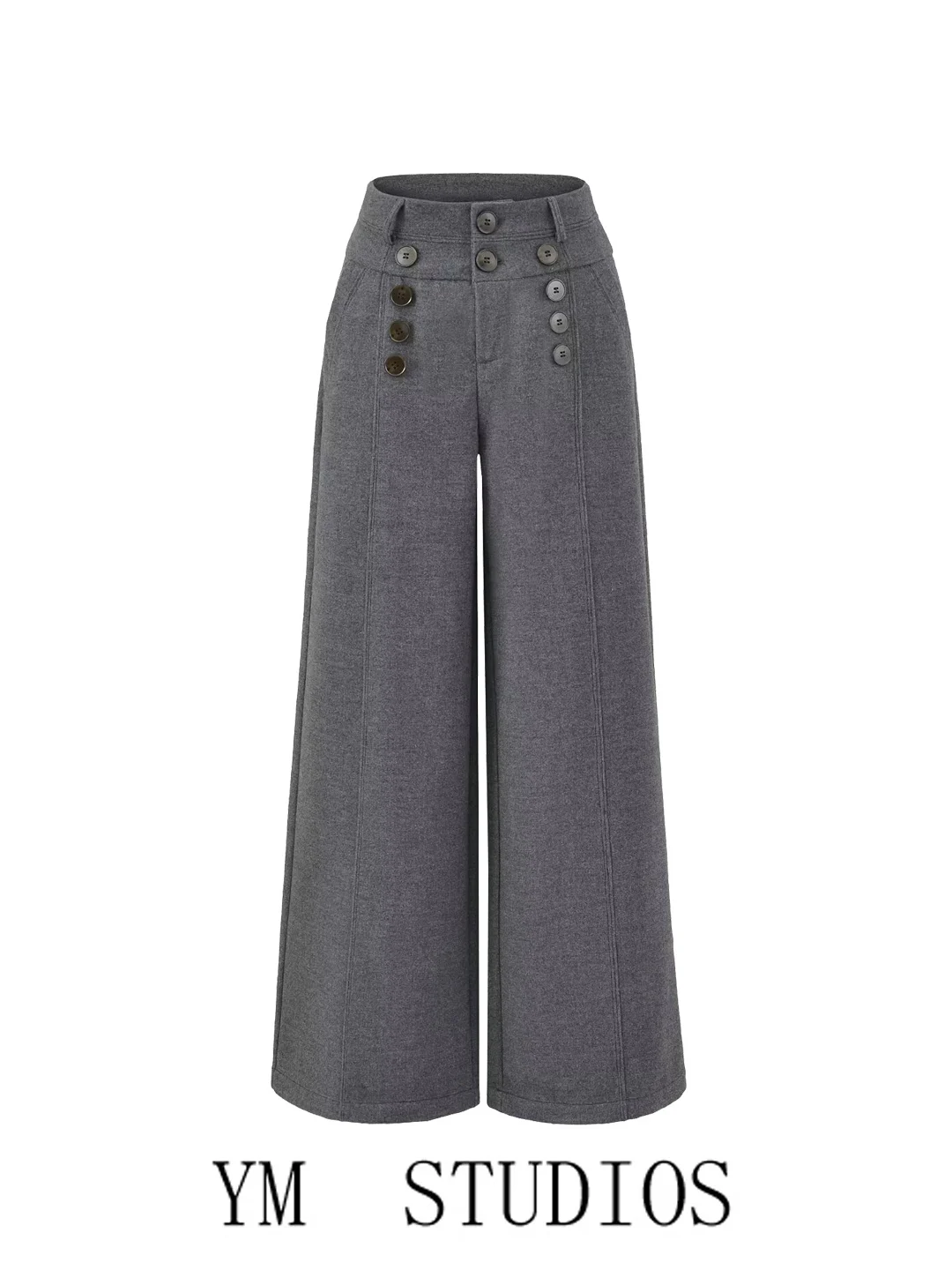 Elegant High Waist Wide Leg Pants Women's Grey Slimming Suit Trousers Double Buttoned Woolen Fashion Office Wear