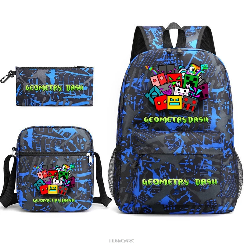 3pcs Games Geometry Dash Backpacks Cartoon Students Lightweight School Bags Cool Capacity Canvas Casual Travel Mochila infantil