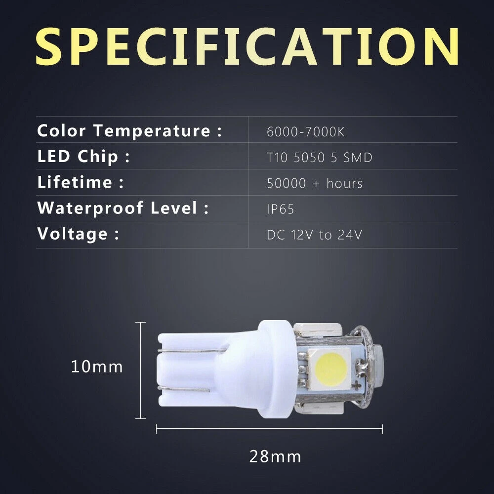 

Надежные 20 шт. супер белые светодиодные лампы T10 Wedge 5-SMD 5050 W5W 2825 158 192 168 194