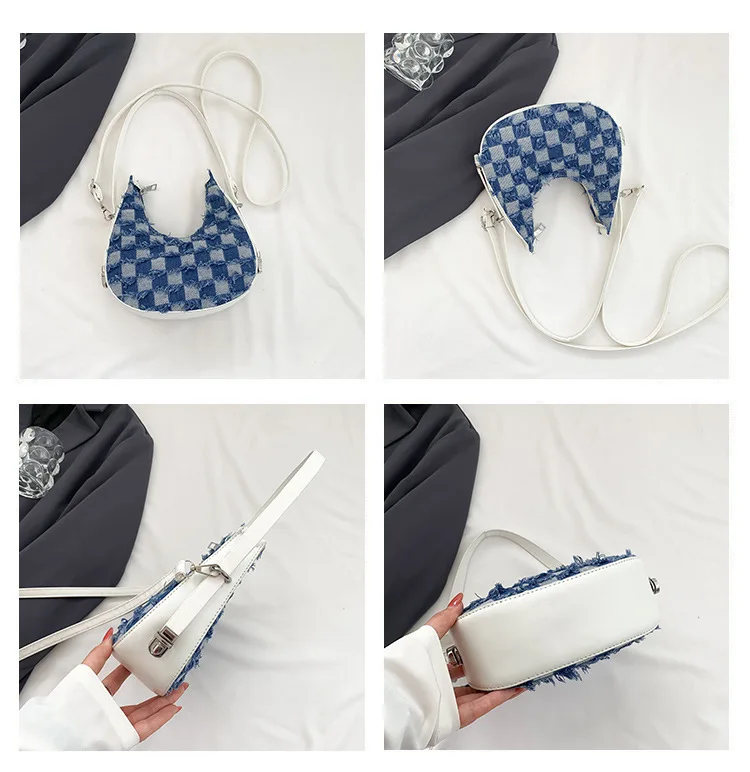 Women Bag Fashion Underarm Shoulder Bag 2023 New Denim Soft Small Crossbody Bag Simple Style Contrast Color Casual Messenger Bag