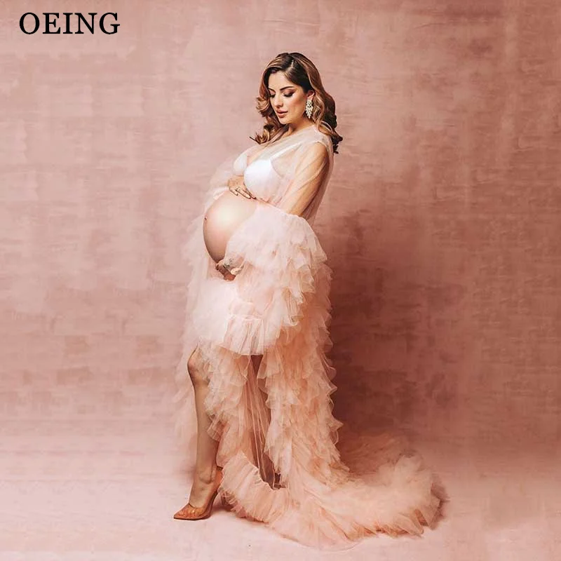 OEING Elegant Long Maternity Gowns for Photo Shoot Simple Sweetheart Neck Tulle Tiered Front Slit Photography Robe Baby Shower