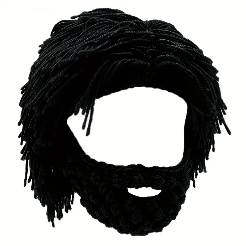 An acrylic punk-style knitted cap with a straight wig and woven beard suitable for Halloween Christmas and holiday celebrations