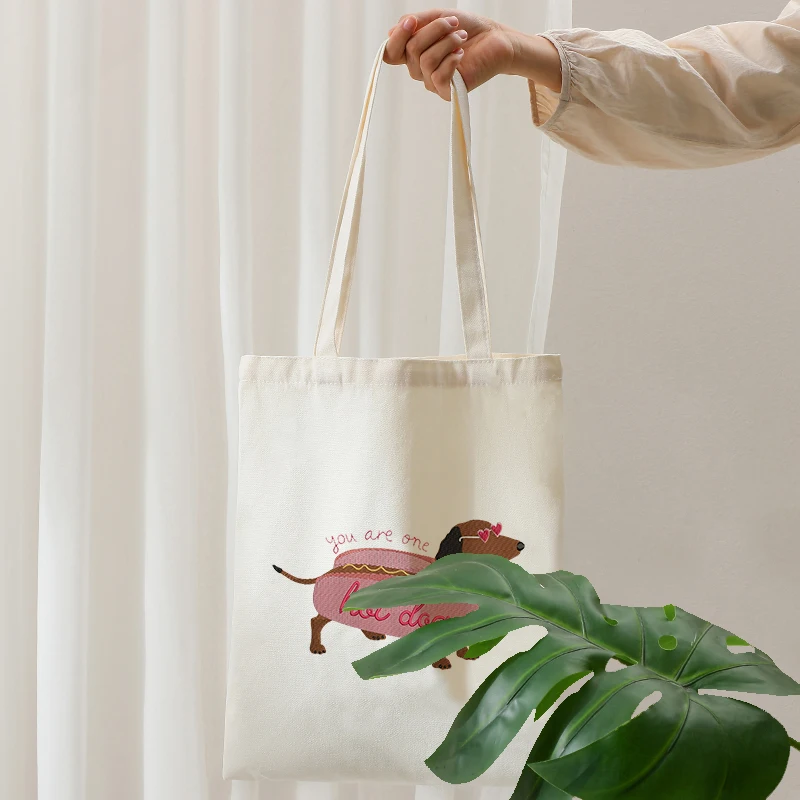 Embroidered Valentine Dog Pattern Tote Bags Canvas Shopping Bag for Summer Travel Foldable Beach Bag for Women for Girl Handbag