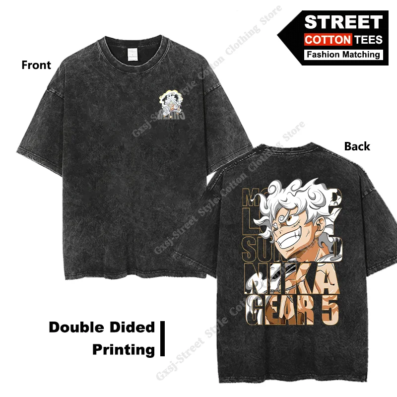 

Anime One Piece - Gear 5 Luffy Wanted T-shirt Double Sided Print Clothing Street styl Men Women Short Sleeve Cotton Loose Tees