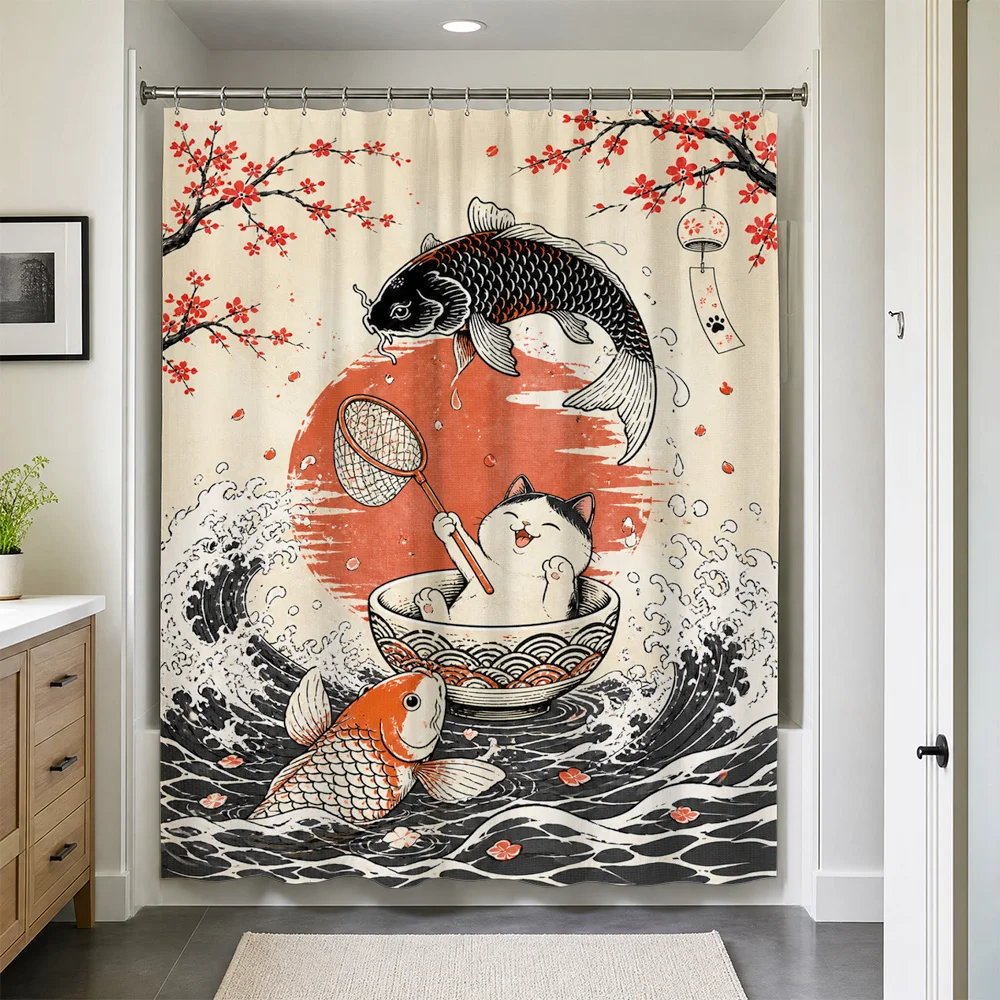 Waterproof Shower Curtain Koi Fish Sakura Blossom Japanese Style Bathroom Curtain Liner Anime Art Home Decor Tropical Pond Water