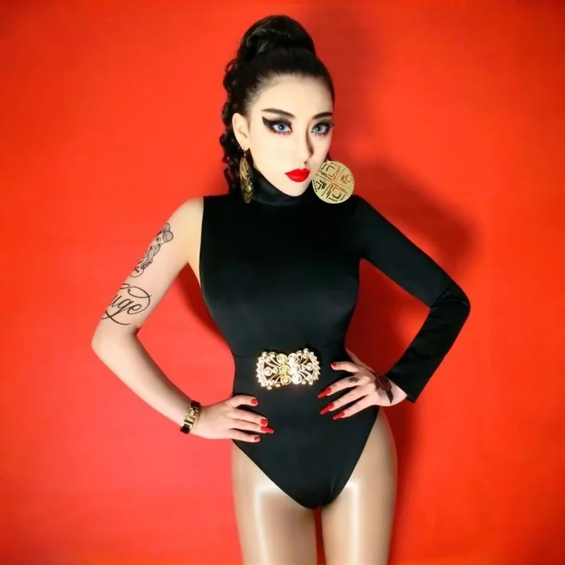 

Sexy Single Sleeve Bodysuit with Belt Women DJ Gogo Dancer Singer Performance Stage Wear Jazz Dance Team Party Show Costume