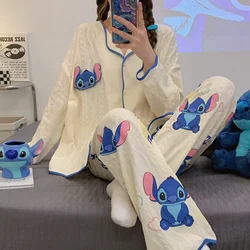 Stitch autumn pajamas women's pure cotton long-sleeved trousers two-piece cardigan loose women's pajamas loungewear set