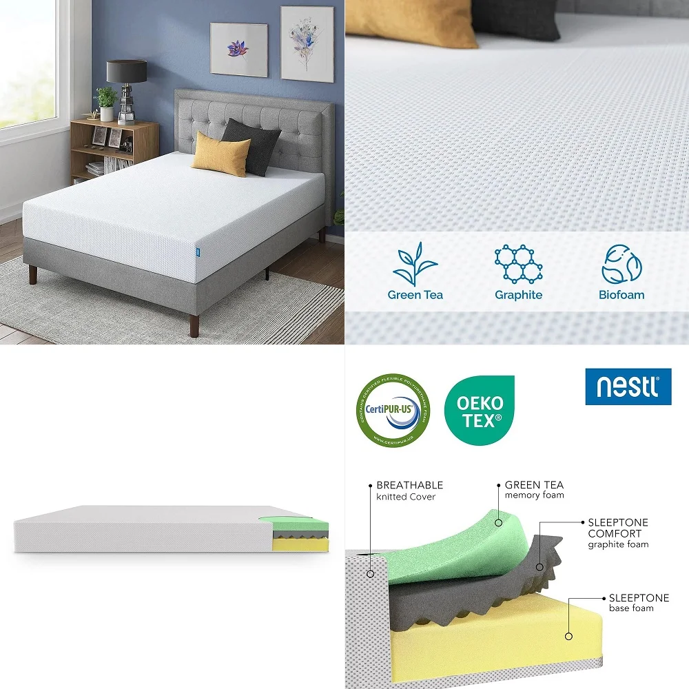 

8 Inch Green Tea amp Graphite Memory Foam Mattress, King Size Mattress in A Box Pressure Relief Supportive Cooling Mattress, Fi