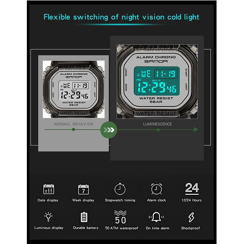 Часы наручные Sanda мужские/женские светодиодные, модные уличные водонепроницаемые цифровые спортивные
