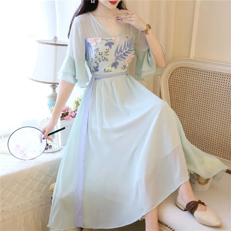 

Traditional Chinese Hanfu Costumes 2023 Spring Women Embroidery Vintage Daily Fairy High Waist Short Sleeved Chiffon Dresses