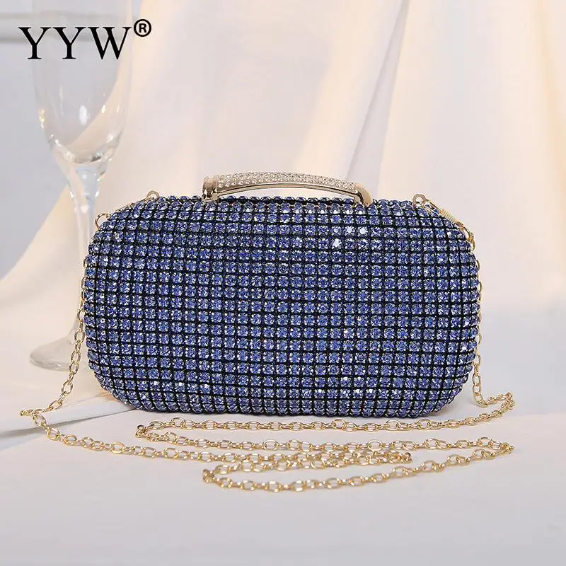 Elegant Diamond Evening Clutch Bag Shiny Rhinestone Women Wedding Banquet Purse Metal Chain Shoulder Handbag with Sequin Handle