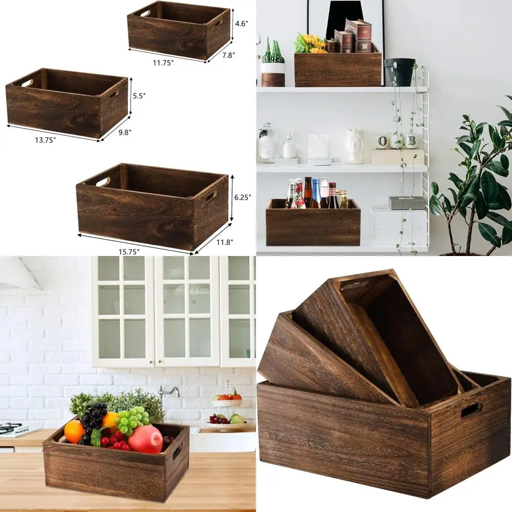 

Handcrafted Rustic Wooden Nesting Crates Set of 3, Natural Farmhouse Style Storage Baskets with Handles