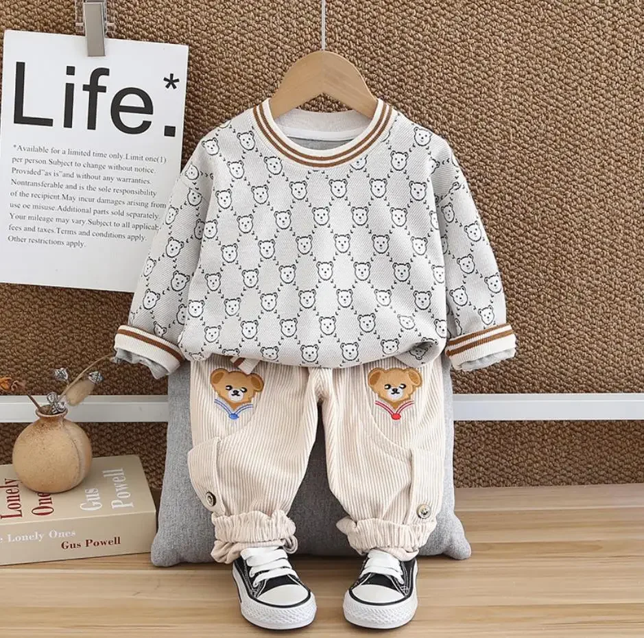 Infant Baby Clothing 2024 Korean Fashion Printed Bear Long Sleeve Pullover Sweatshirt And Pants Kids Toddler Sets Boys Tracksuit