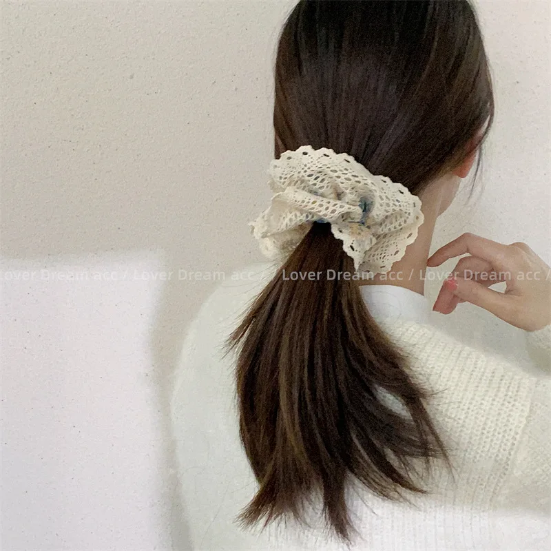 French Retro Floral Lace Double Layer Large Scrunchie Hair Accessories Korean Sweet Print Double-sided Hair Band Women Headdress