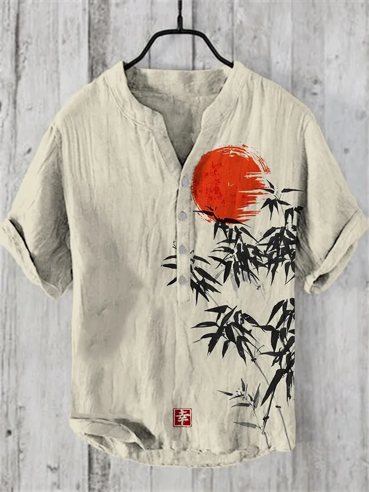 

Japanese Bamboo Forest And Red Sun Art Linen Casual Shirt Men Clothings Fashion V-neck Short Sleeve Retro Tops Tunics Harajuku
