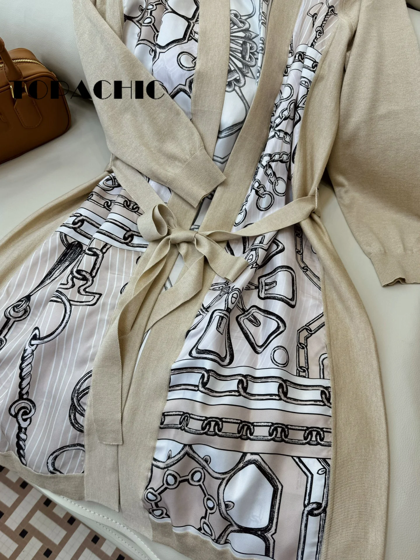 9.4 TOPACHIC catena femminile stampa geometrica Cardigan in maglia di lana impiombata di seta con scollo a v allentato con telai capispalla a maglia