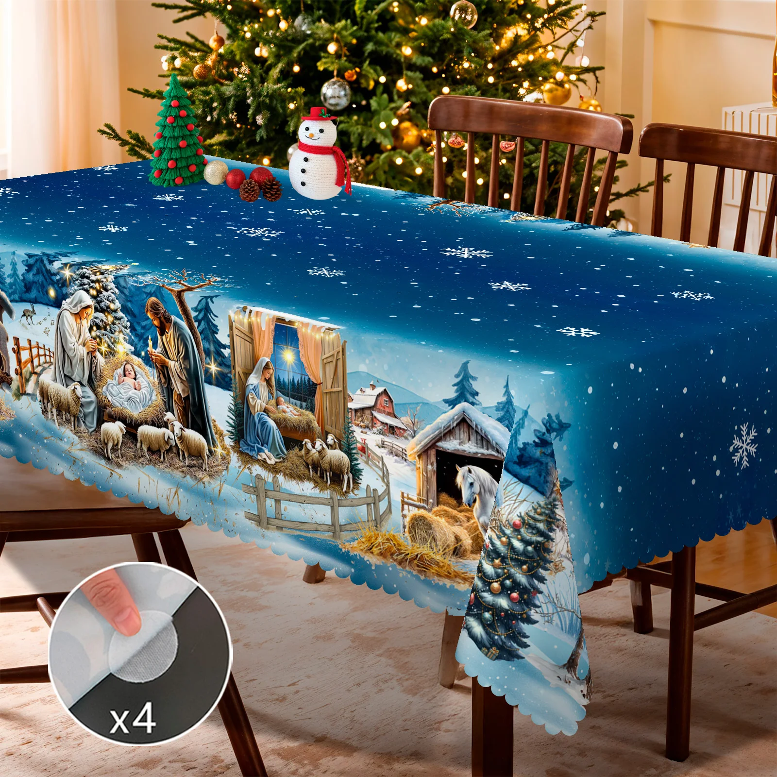 1 Piece, Starry Sky Snowflake Christmas Printed Polyester Tablecloth + 4 Self-Adhesive Stickers, Nativity Scene Pattern, Embossed Edges, Suitable for Home Kitchen, Living Room Dining Table Balcony Coffee Table, Holiday Party Holiday Table Decoration Tablecloth, Outdoor Picnic Decoration, Coffee Table Decoration Tablecloth Table Cover, Perfect Holiday Gift, Autumn and Winter Tablecloth Decoration, Christmas Decorative Tablecloth-Bs017