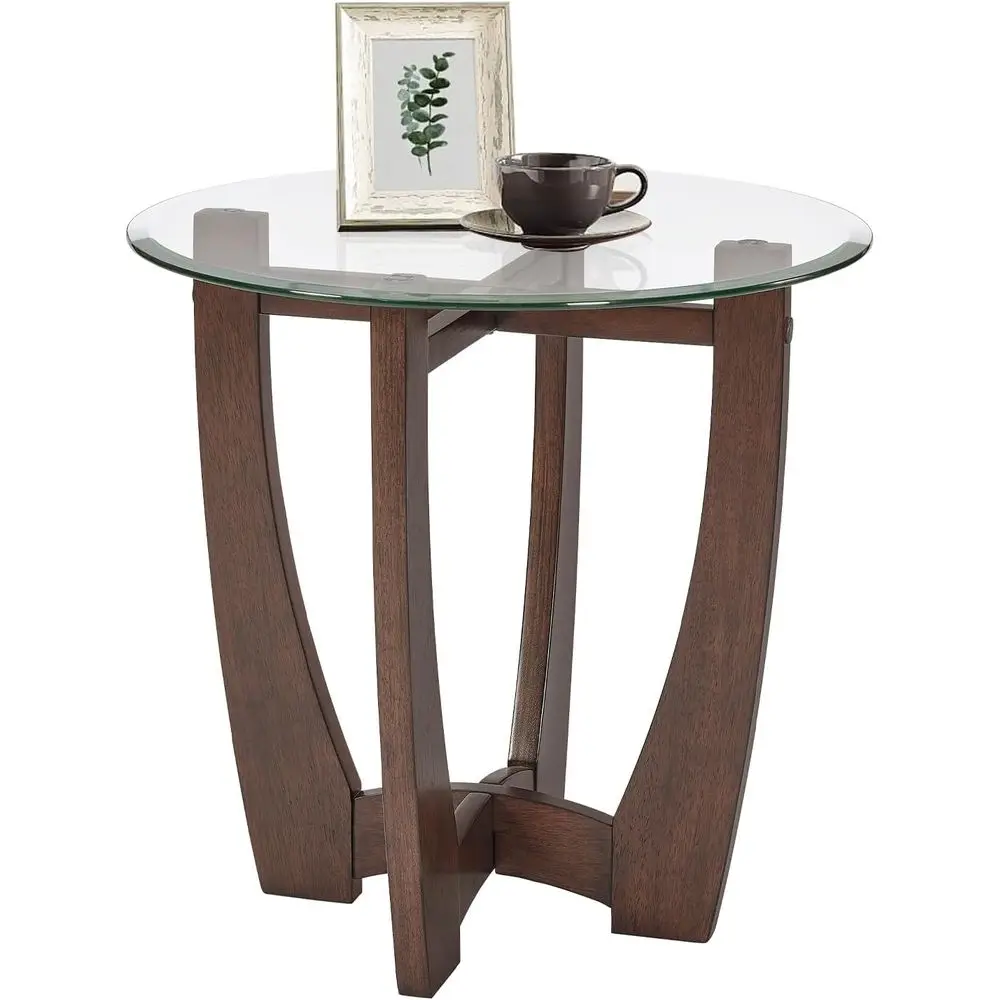 

Round 23.5 Tempered Glass Top Side Table with Solid Wood Base, Small Nightstand for Living Room or Office in Cherry Finish