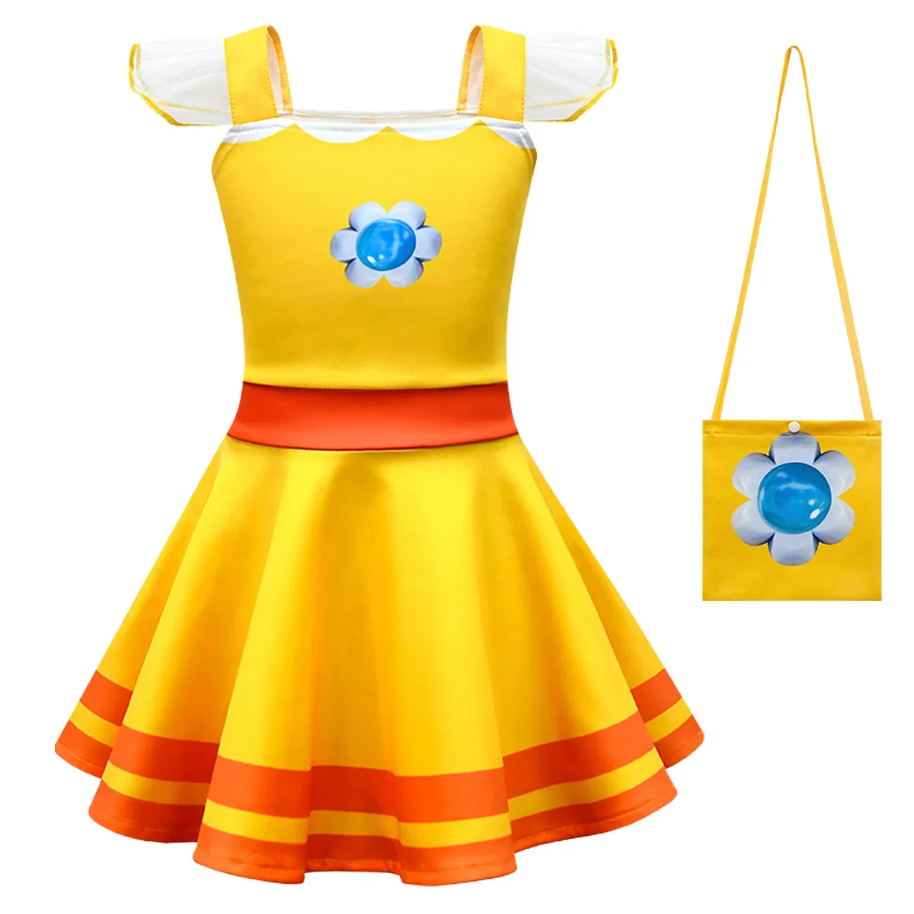 Kids Anime Cartoon Print Princess Peach Mesh Dress Bag Set Outfit for Girls Christmas Halloween Cosplay Costume